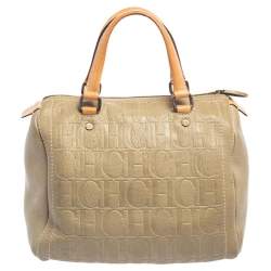 Pre Owned Carolina Herrera Light Beige Embossed Leather Andy Boston Bag