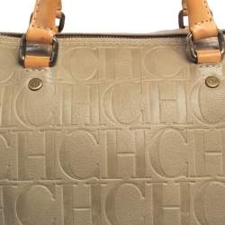 Pre Owned Carolina Herrera Light Beige Embossed Leather Andy Boston Bag