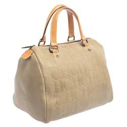 Pre Owned Carolina Herrera Light Beige Embossed Leather Andy Boston Bag