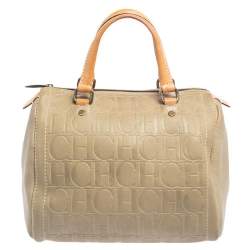Pre Owned Carolina Herrera Light Beige Embossed Leather Andy Boston Bag
