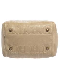 Pre Owned Carolina Herrera Light Beige Embossed Leather Andy Boston Bag