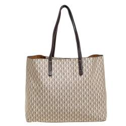 Pre Owned CH Carolina Herrera Beige/Brown Monogram Canvas And Leather Shopper Tote