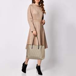 Pre Owned CH Carolina Herrera Beige/Brown Monogram Canvas And Leather Shopper Tote
