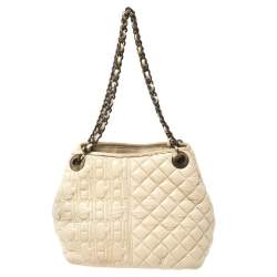 Pre Owned Carolina Herrera Cream White Quilted Monogram Leather Chain Tote