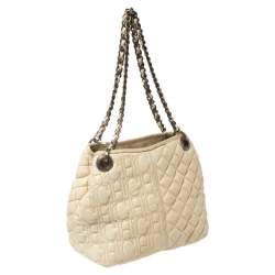 Pre Owned Carolina Herrera Cream White Quilted Monogram Leather Chain Tote