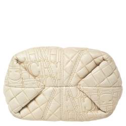 Pre Owned Carolina Herrera Cream White Quilted Monogram Leather Chain Tote