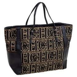 Pre Owned CH Carolina Herrera Black/Gold Leather, Fabric Tote