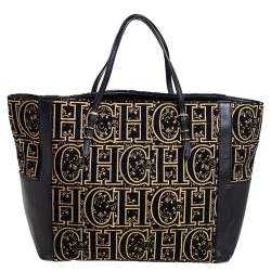 Pre Owned CH Carolina Herrera Black/Gold Leather, Fabric Tote