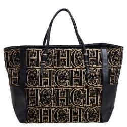 Pre Owned CH Carolina Herrera Black/Gold Leather, Fabric Tote