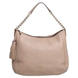 Pre Owned Carolina Herrera Beige Leather Chain Tassel Hobo