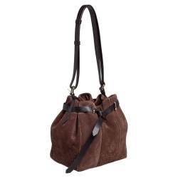 Pre Owned Carolina Herrera Brown Embossed Suede and Leather Bow Bucket Bag