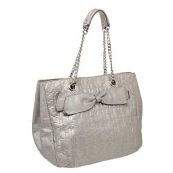 Pre Owned Carolina Herrera Metallic Grey Monogram Leather Audrey Tote