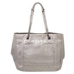 Pre Owned Carolina Herrera Metallic Grey Monogram Leather Audrey Tote