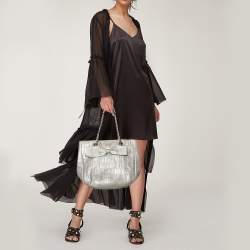 Pre Owned Carolina Herrera Metallic Grey Monogram Leather Audrey Tote