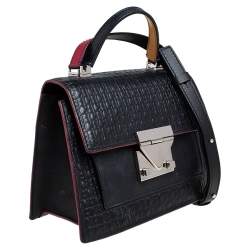 Pre Owned CH Carolina Herrera Black Monogram Leather Carry On Top Handle Bag