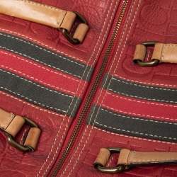 Pre Owned CH Carolina Herrera Red/Beige Embossed Leather Andy Boston Bag
