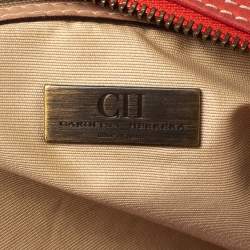 Pre Owned CH Carolina Herrera Red/Beige Embossed Leather Andy Boston Bag