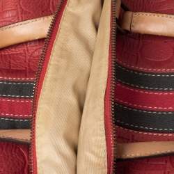Pre Owned CH Carolina Herrera Red/Beige Embossed Leather Andy Boston Bag