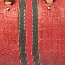 Pre Owned CH Carolina Herrera Red/Beige Embossed Leather Andy Boston Bag