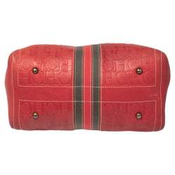 Pre Owned CH Carolina Herrera Red/Beige Embossed Leather Andy Boston Bag