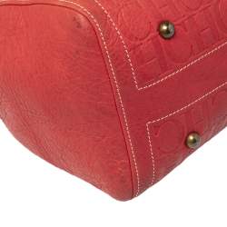 Pre Owned CH Carolina Herrera Red/Beige Embossed Leather Andy Boston Bag