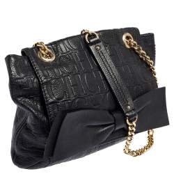 Pre Owned CH Carolina Herrera Black Monogram Leather Audrey Shoulder Bag