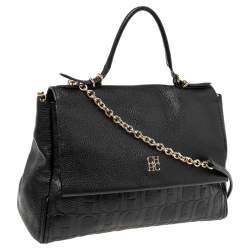 Pre Owned CH Carolina Herrera Black Monogram Embossed Leather Minuetto Top Handle Bag