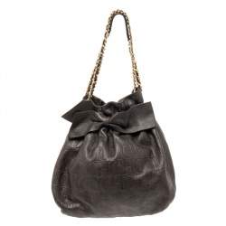 Pre Owned CH Carolina Herrera Dark Brown Embossed Leather Bow Bucket Bag
