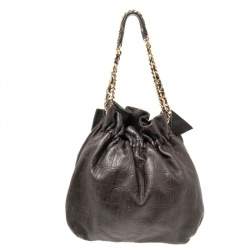 Pre Owned CH Carolina Herrera Dark Brown Embossed Leather Bow Bucket Bag