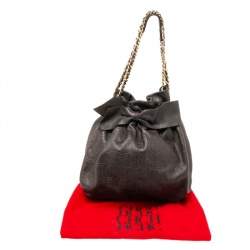 Pre Owned CH Carolina Herrera Dark Brown Embossed Leather Bow Bucket Bag