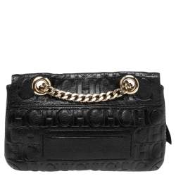 Pre Owned حقيبة كتف سي أتش كارولينا هيريرا اودري جلد منقوش مونوغرامي أسود صغيرة