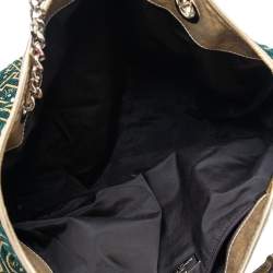 Pre Owned CH Carolina Herrera Green/Gold Monogram Velvet and Leather Chain Hobo