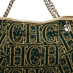 Pre Owned CH Carolina Herrera Green/Gold Monogram Velvet and Leather Chain Hobo