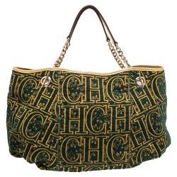 Pre Owned CH Carolina Herrera Green/Gold Monogram Velvet and Leather Chain Hobo