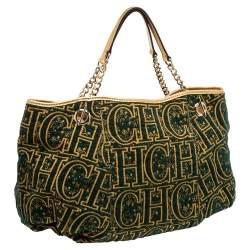 Pre Owned CH Carolina Herrera Green/Gold Monogram Velvet and Leather Chain Hobo