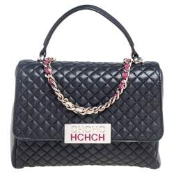 CH Carolina Herrera Black Quilted Leather Bimba Flap Top Handle Bag