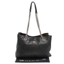 Pre Owned حقيبة يد توتس سي أتش كارولينا هيريرا شوبر جلد نمط مبطن أسود بسلسلة