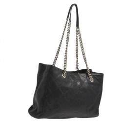 Pre Owned حقيبة يد توتس سي أتش كارولينا هيريرا شوبر جلد نمط مبطن أسود بسلسلة