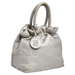 Pre Owned Carolina Herrera Metallic Grey Monogram Leather Bucket Bag