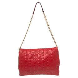 Pre Owned CH Carolina Herrera Red Monogram Leather Flap Chain Shoulder Bag 