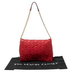 Pre Owned CH Carolina Herrera Red Monogram Leather Flap Chain Shoulder Bag 