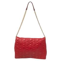 Pre Owned CH Carolina Herrera Red Monogram Leather Flap Chain Shoulder Bag 