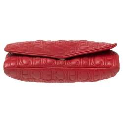 Pre Owned CH Carolina Herrera Red Monogram Leather Flap Chain Shoulder Bag 