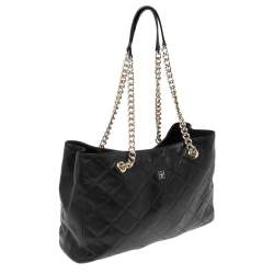 Pre Owned CH Carolina Herrera Black Quilt Pattern Leather Chain Shopper Tote