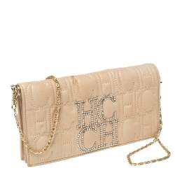 مملوكة مسبقًا CH Carolina Herrera Beige Monogram Quilted Leather Crystal CH Wallet On Chain
