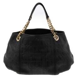 Pre Owned CH Carolina Herrera Black Monogram Leather Chain Hobo