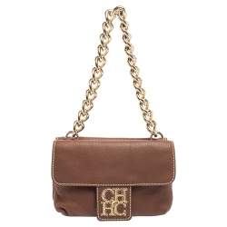 Pre Owned CH Carolina Herrera Brown Leather Double Flap Chain Bag