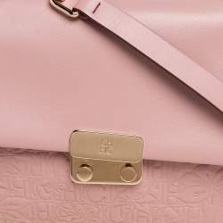 Pre Owned CH Carolina Herrera Light Pink Embossed Leather Flap Top Handle Bag