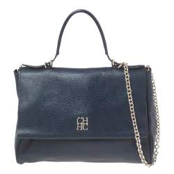 Pre Owned Carolina Herrera Navy Blue Leather Minuetto Flap Top Handle Bag