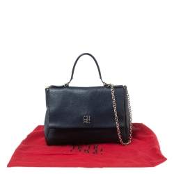 Pre Owned Carolina Herrera Navy Blue Leather Minuetto Flap Top Handle Bag